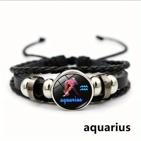 Aquarius Zodiac Bracelet‎ Handwoven Wax Rope and Leather Unisex - Picture 1 of 6